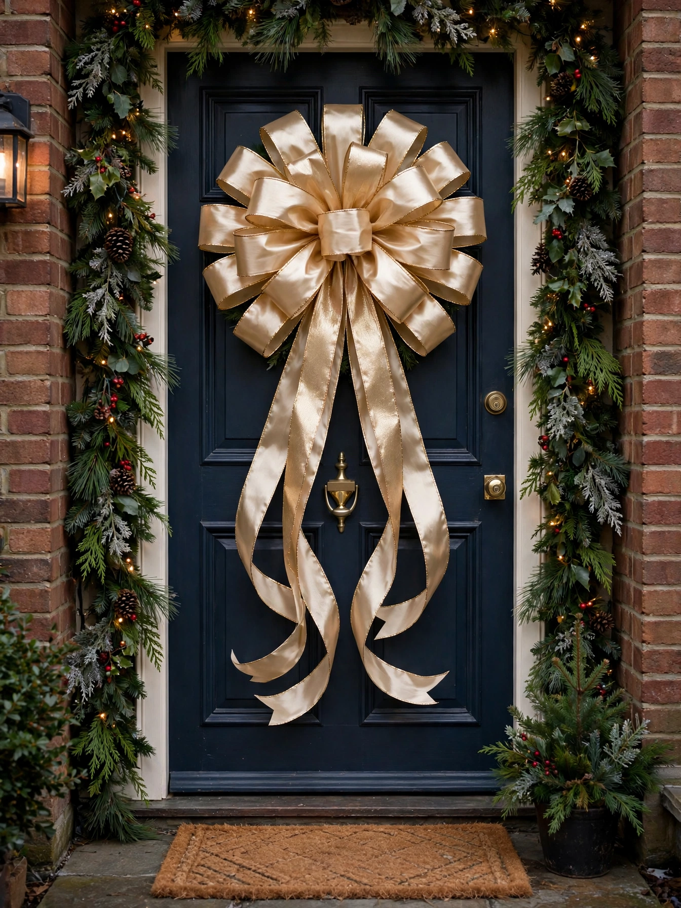 Oversized Christmas bow hung directly on a front door