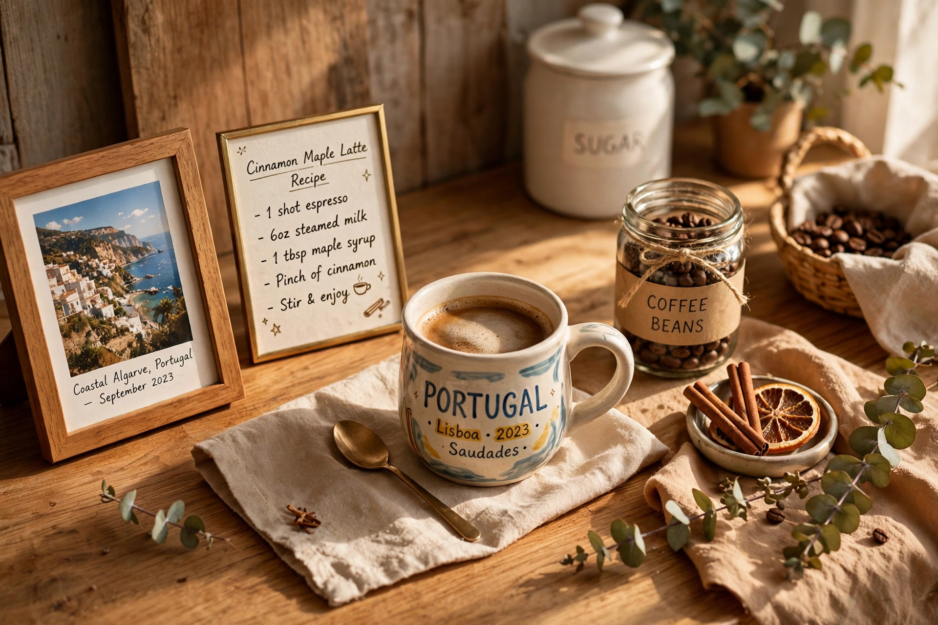 Personalized coffee bar with framed photo and souvenir mug
