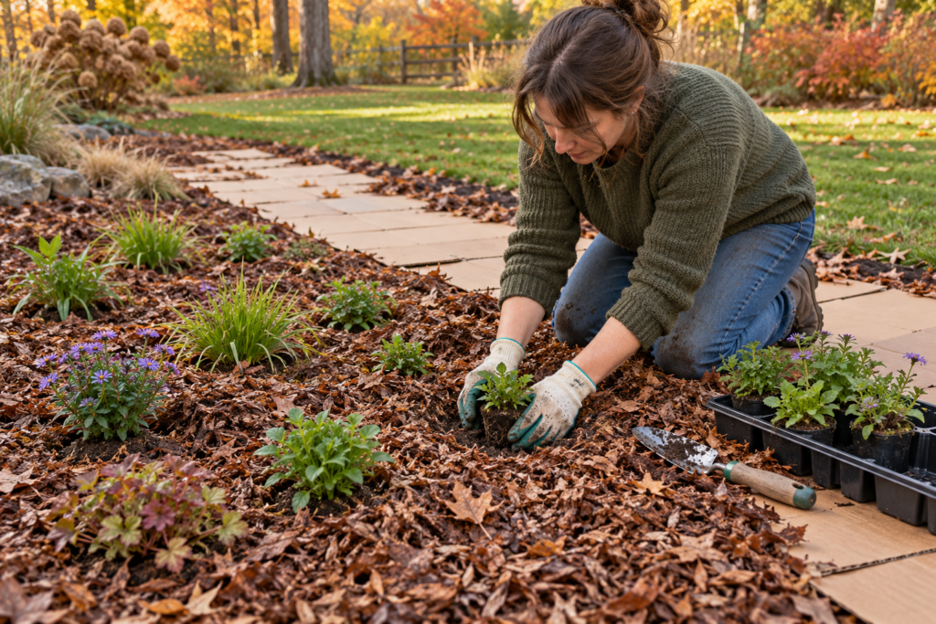 Planting native plugs in clusters into a sheet-mulched bed converted from lawn