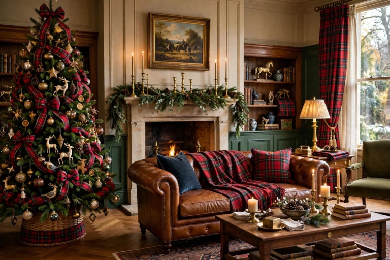 Ralph Lauren style classic Christmas living room with tartan and heirloom ornaments
