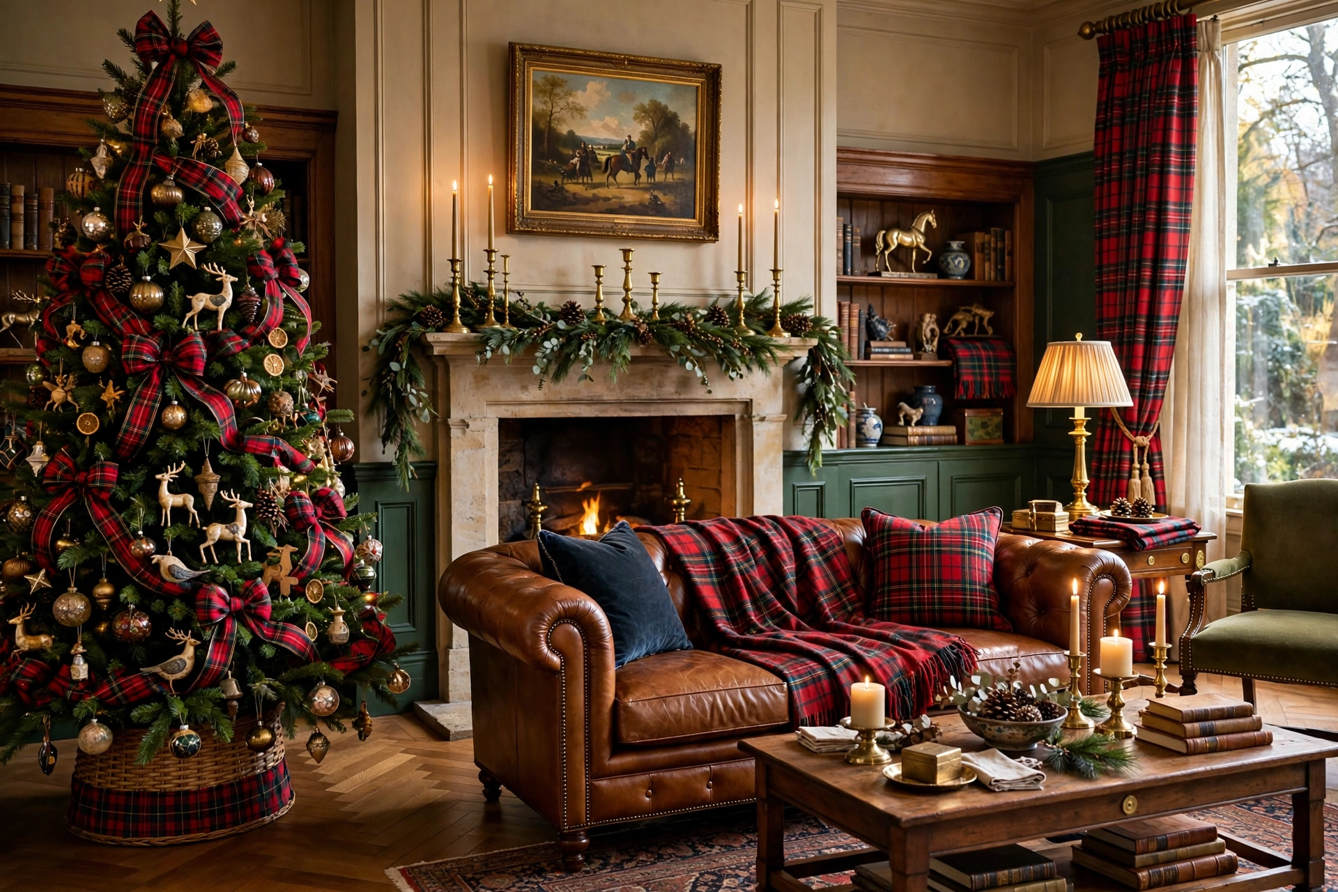 Ralph Lauren style classic Christmas living room with tartan and heirloom ornaments