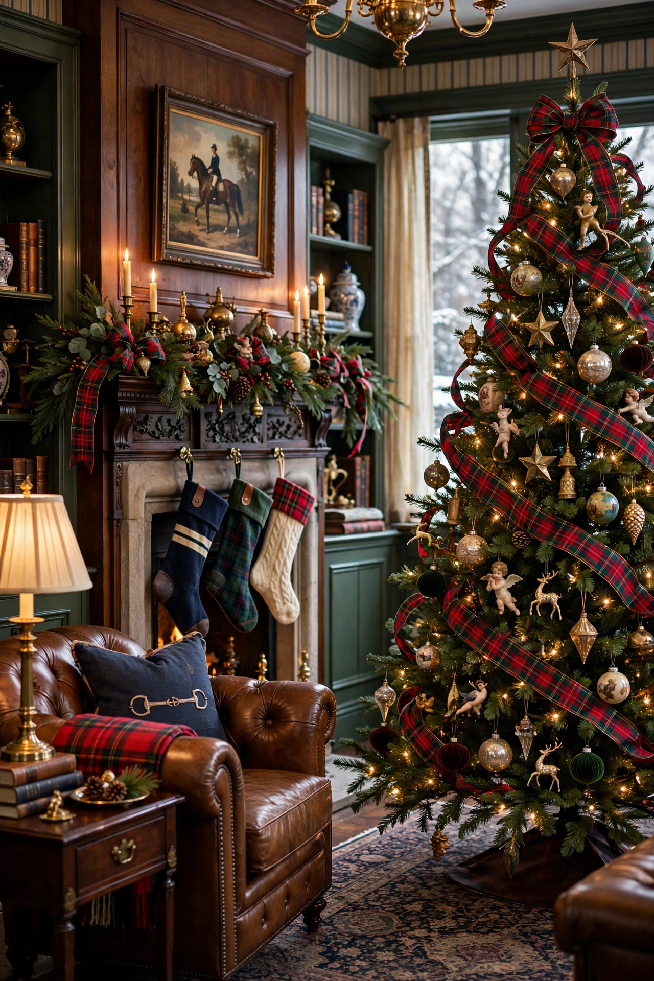 Ralph Lauren style classic Christmas living room with tartan and heirloom ornaments