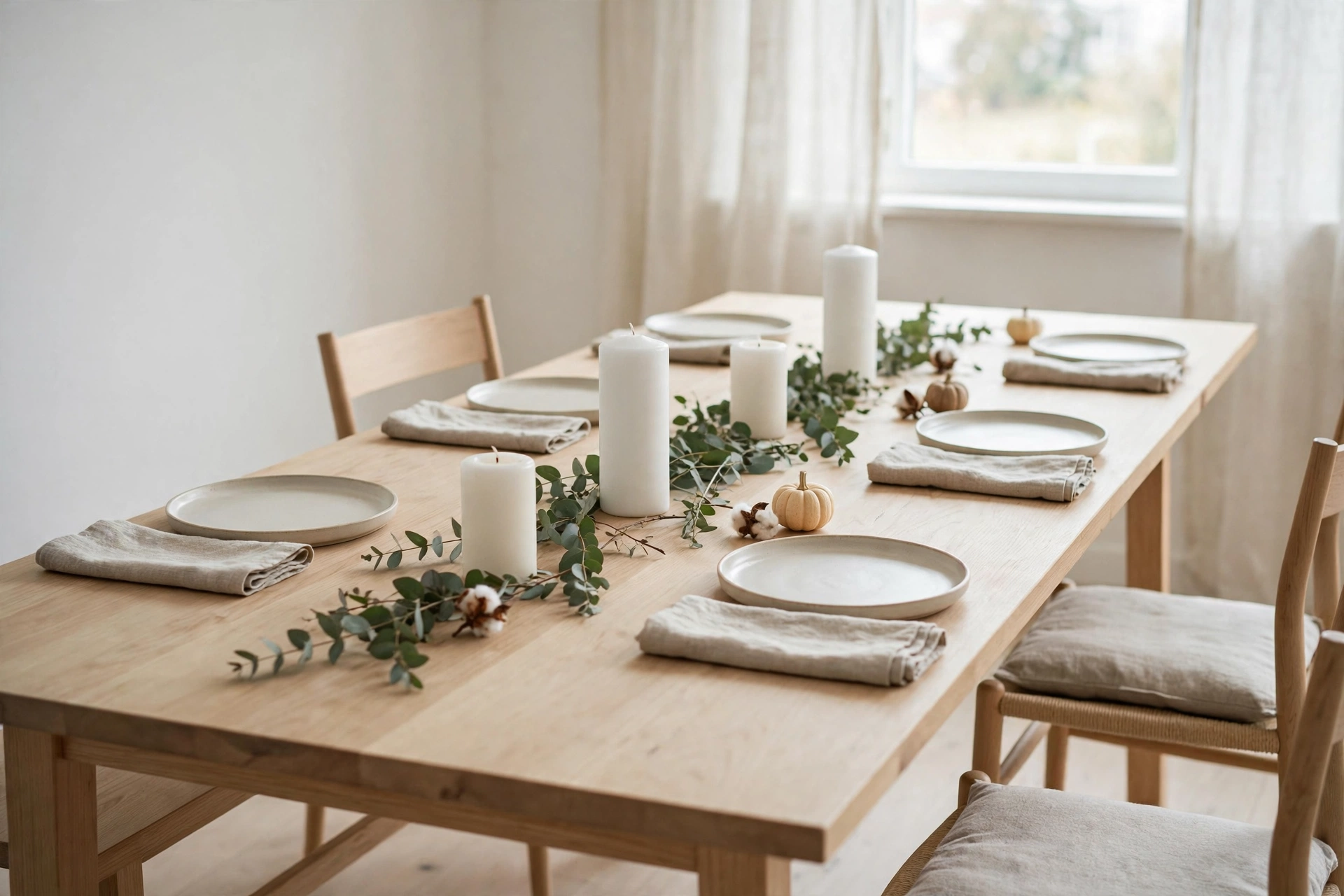 Minimal Scandinavian Thanksgiving table with eucalyptus runner and white candles