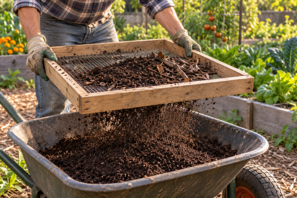 Sifting finished compost through a wooden screen into a wheelbarrow for use in the garden