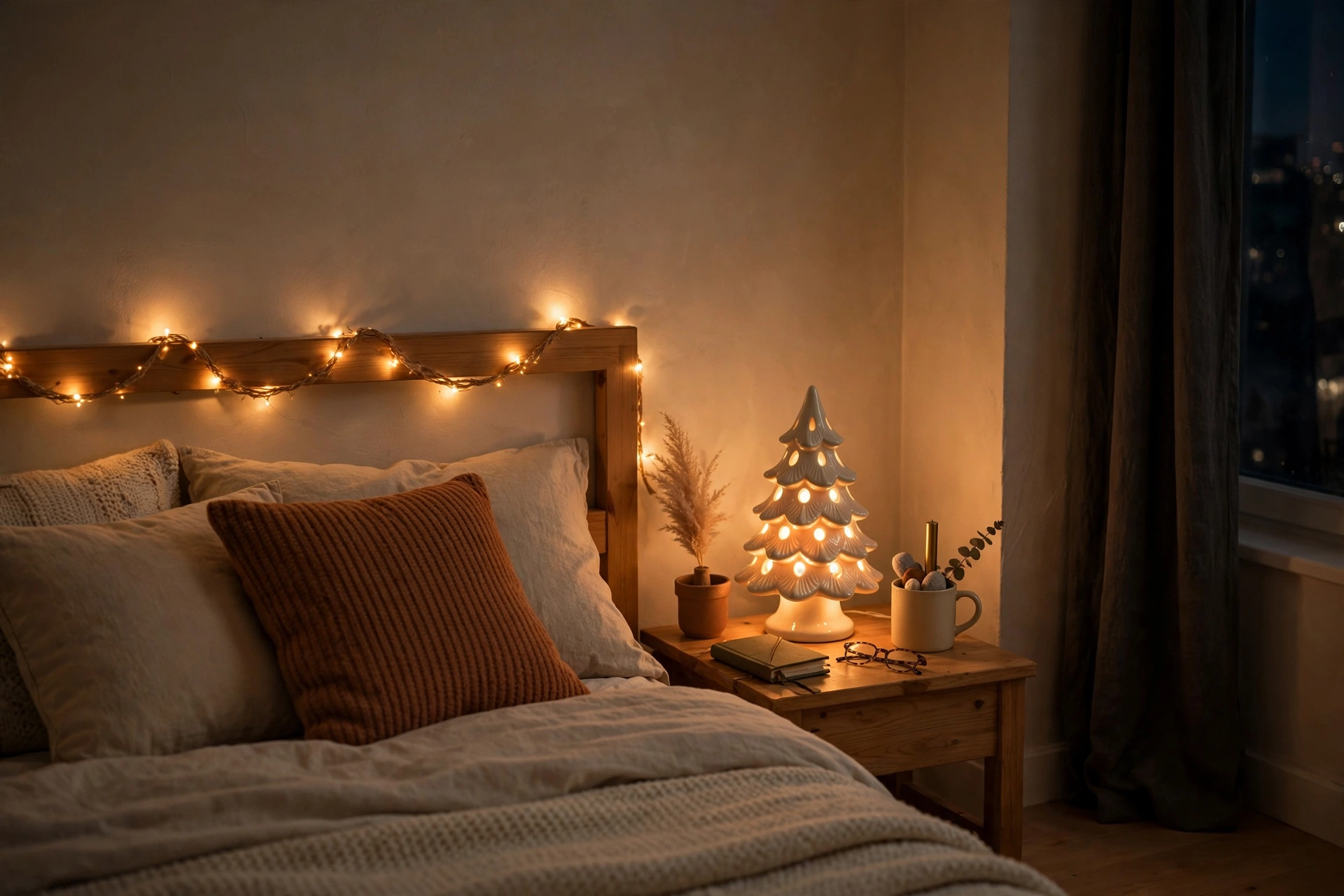 Bedroom Christmas decor in small apartment with headboard fairy lights and ceramic tree