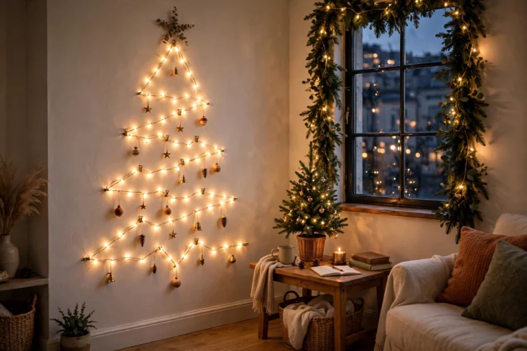 Small apartment Christmas decor with string-light wall tree, window garland, and tabletop tree