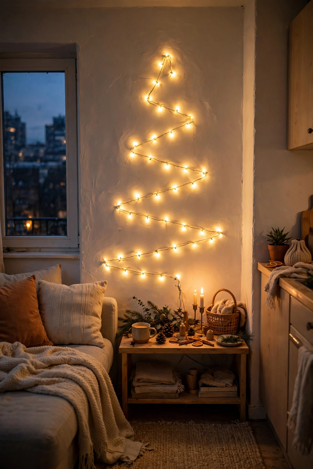 Christmas window decor in small apartment with garland, wreath on suction cup, and fairy lights