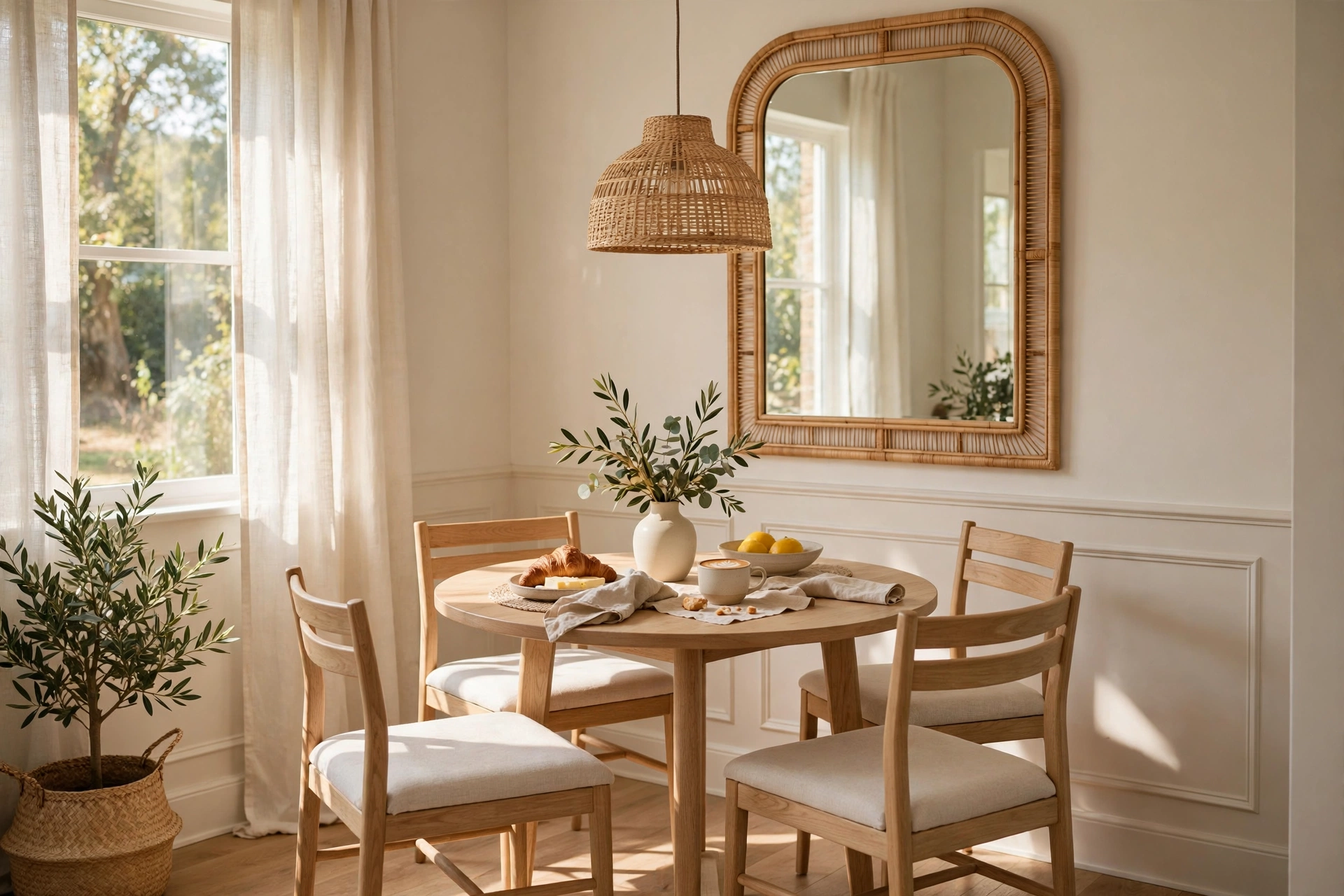 Small dining room with round table and mirror