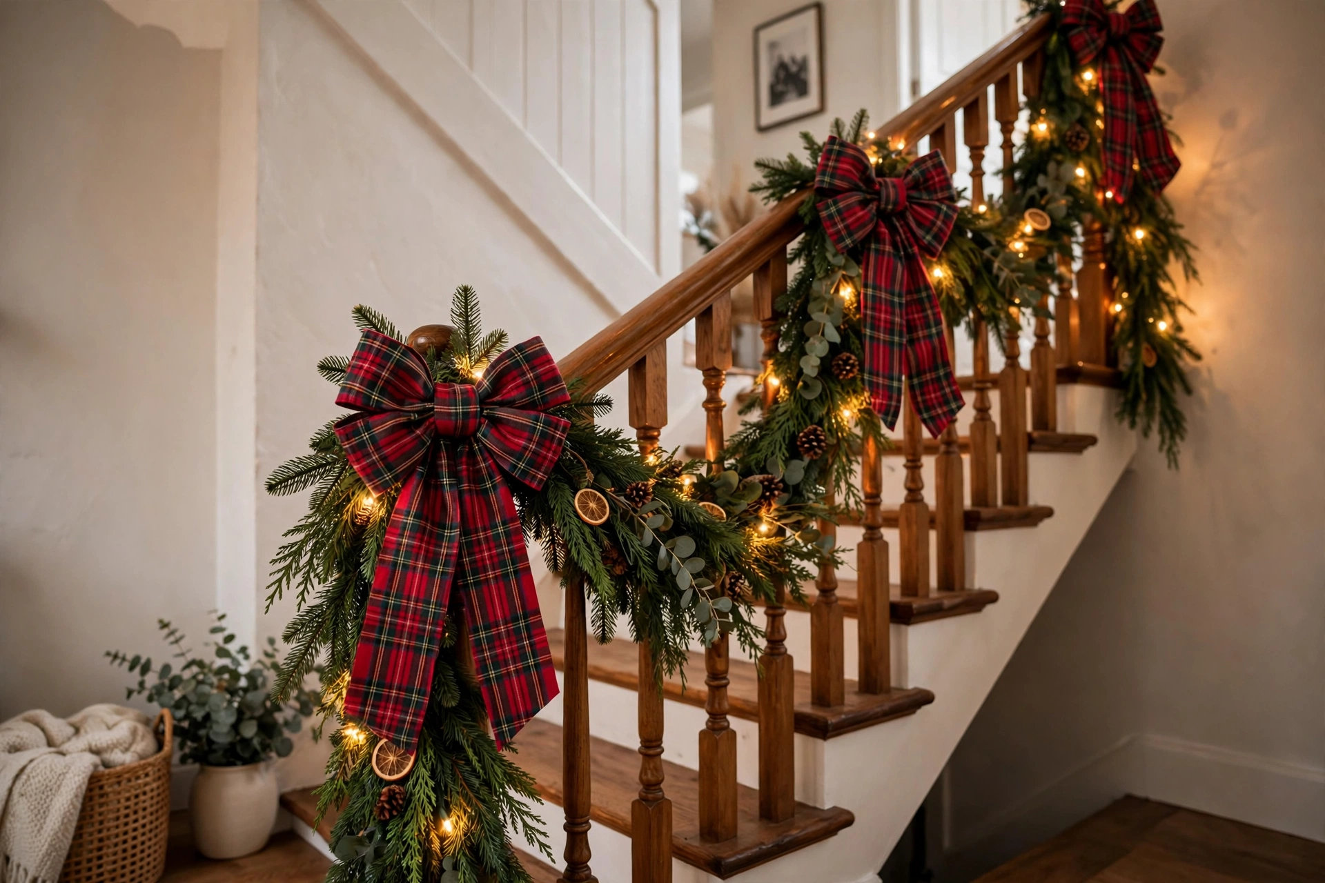 Staircase banister with garland and large Christmas bows