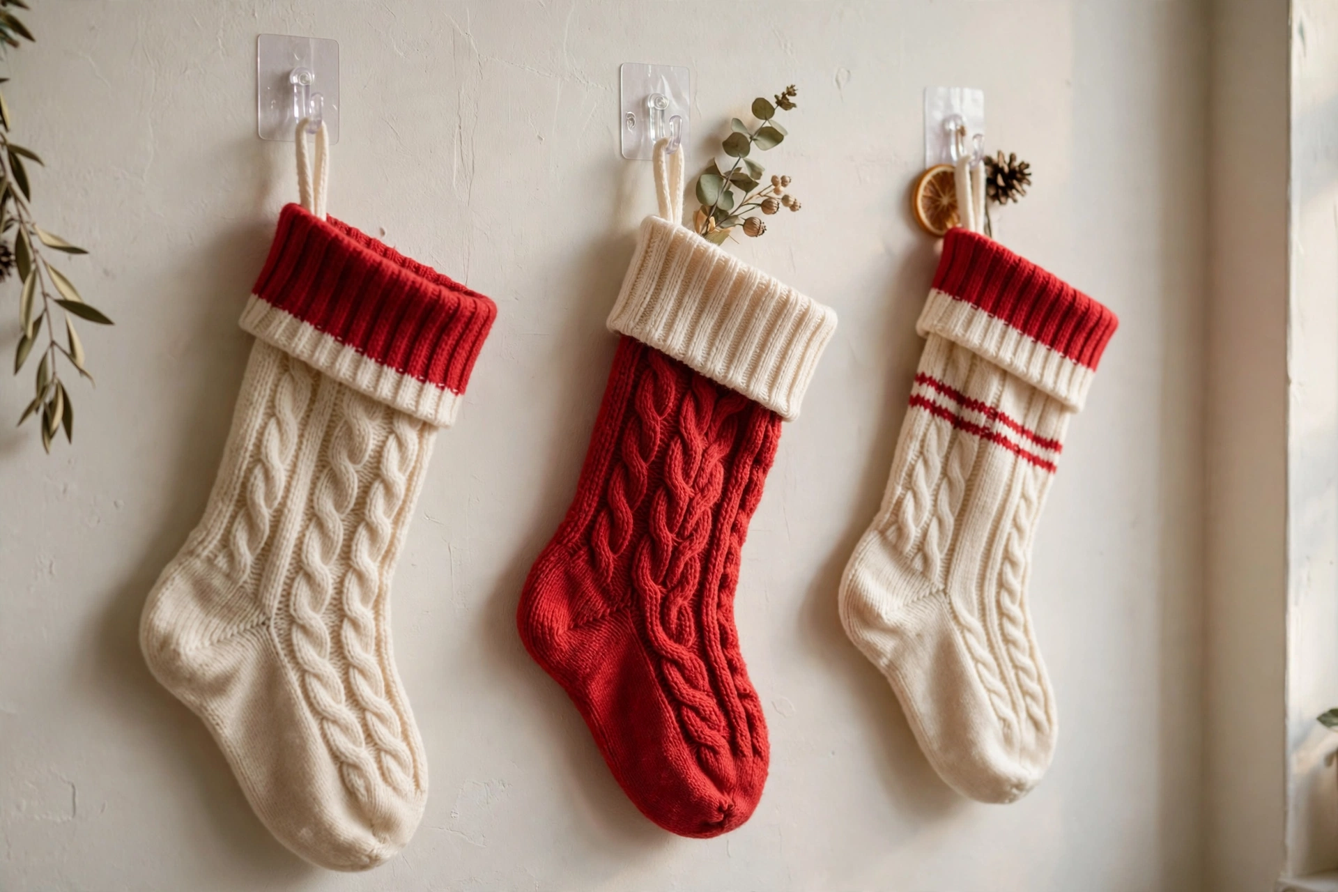 Stockings hung with adhesive hooks on apartment wall without a fireplace mantel