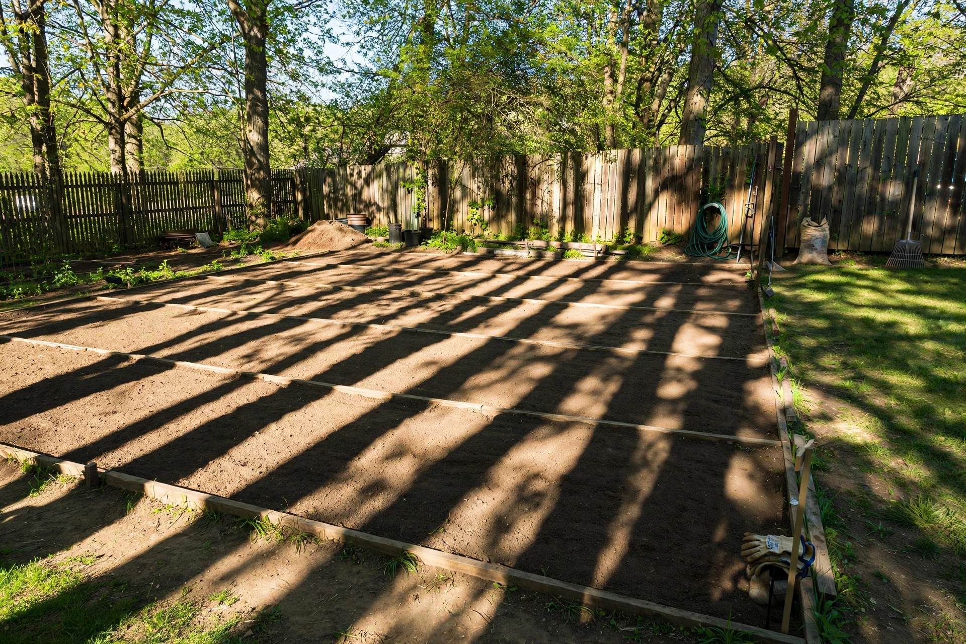 Sunlight and shadows across a backyard garden plot