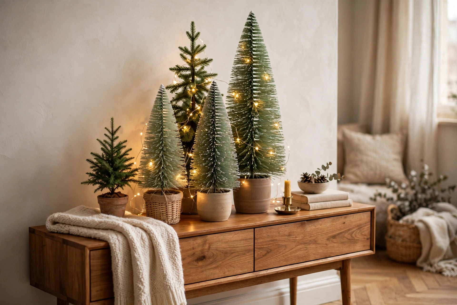 Tabletop Christmas tree cluster on console table in small apartment