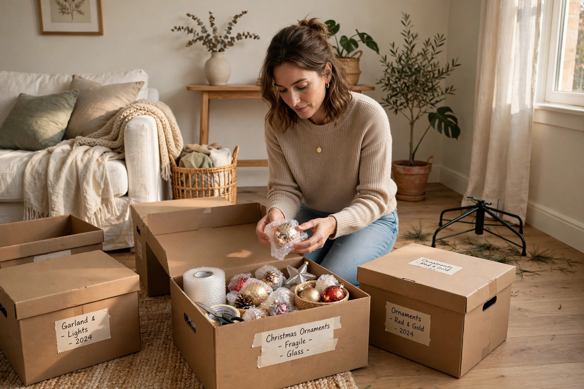 Organized Christmas decor takedown with labeled storage boxes