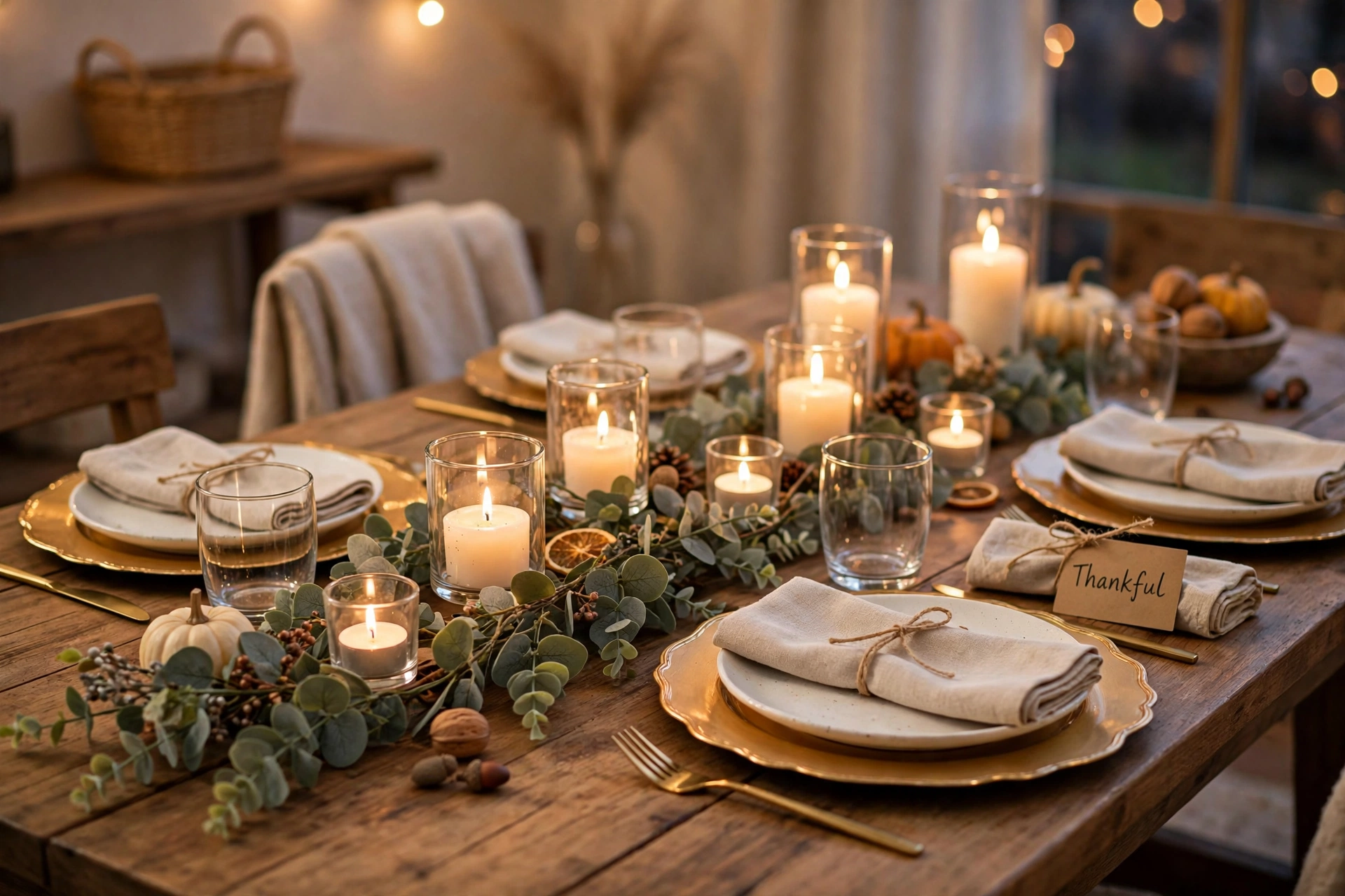 Elegant budget Thanksgiving table with gold chargers and candles