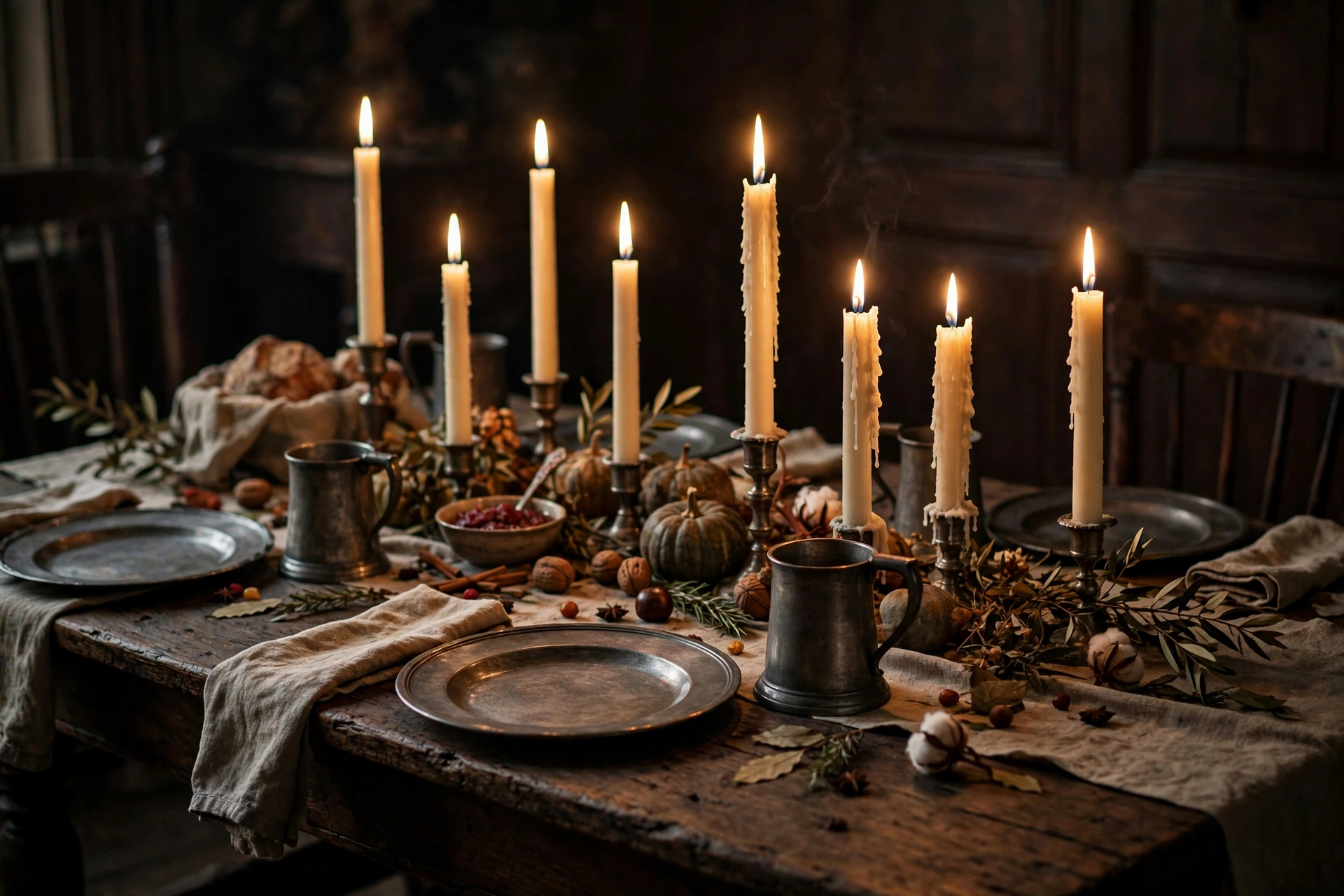 Candlelit colonial Thanksgiving table with pewter and taper candles
