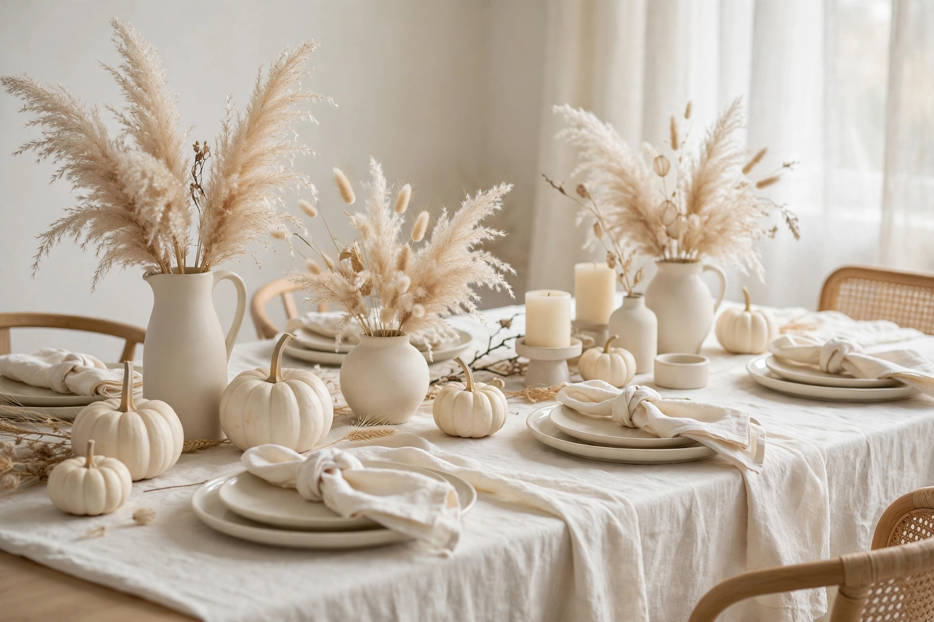 Cream on cream Thanksgiving tablescape with white pumpkins