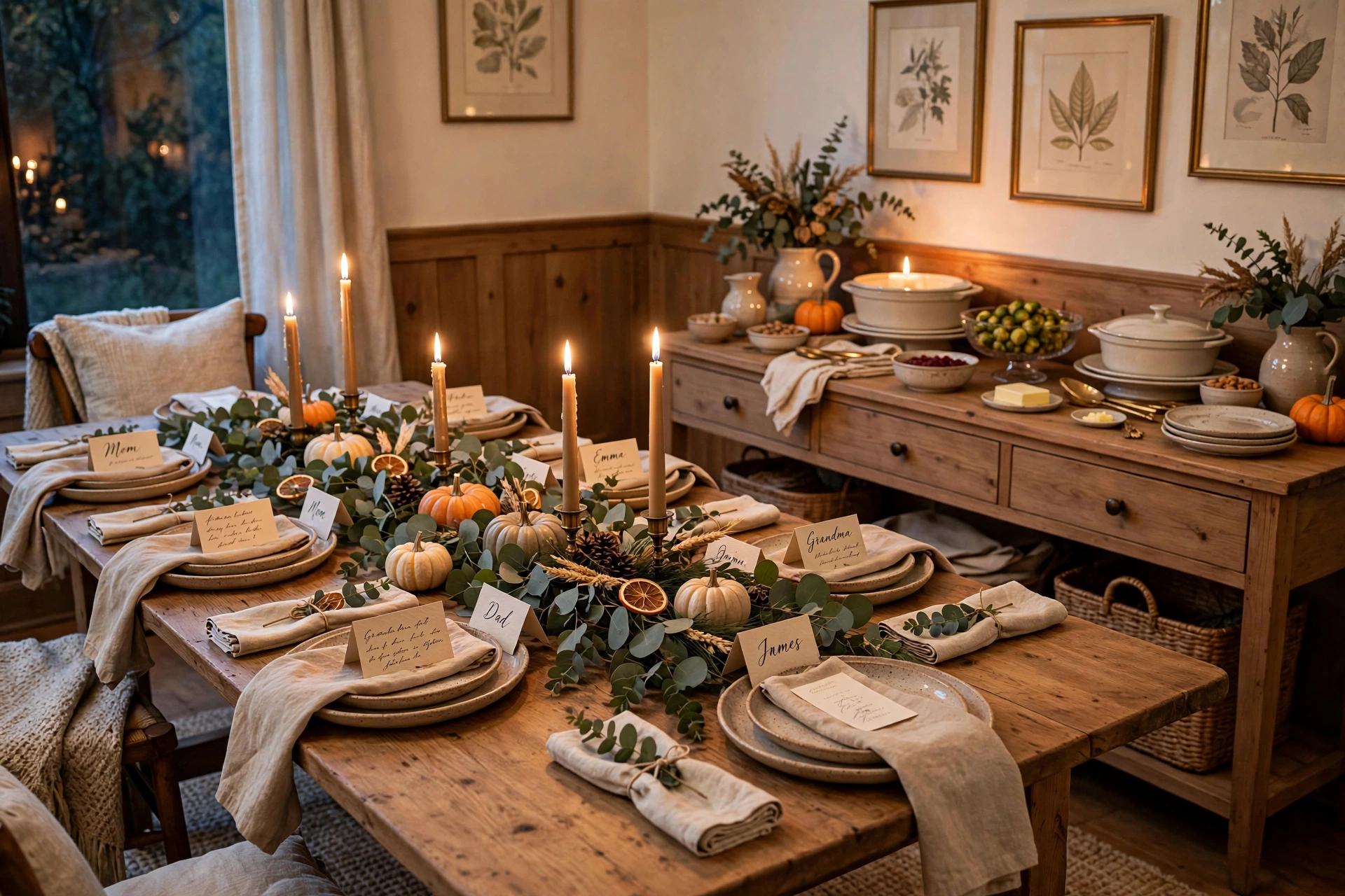 Thanksgiving dining room with harvest table and candlelight