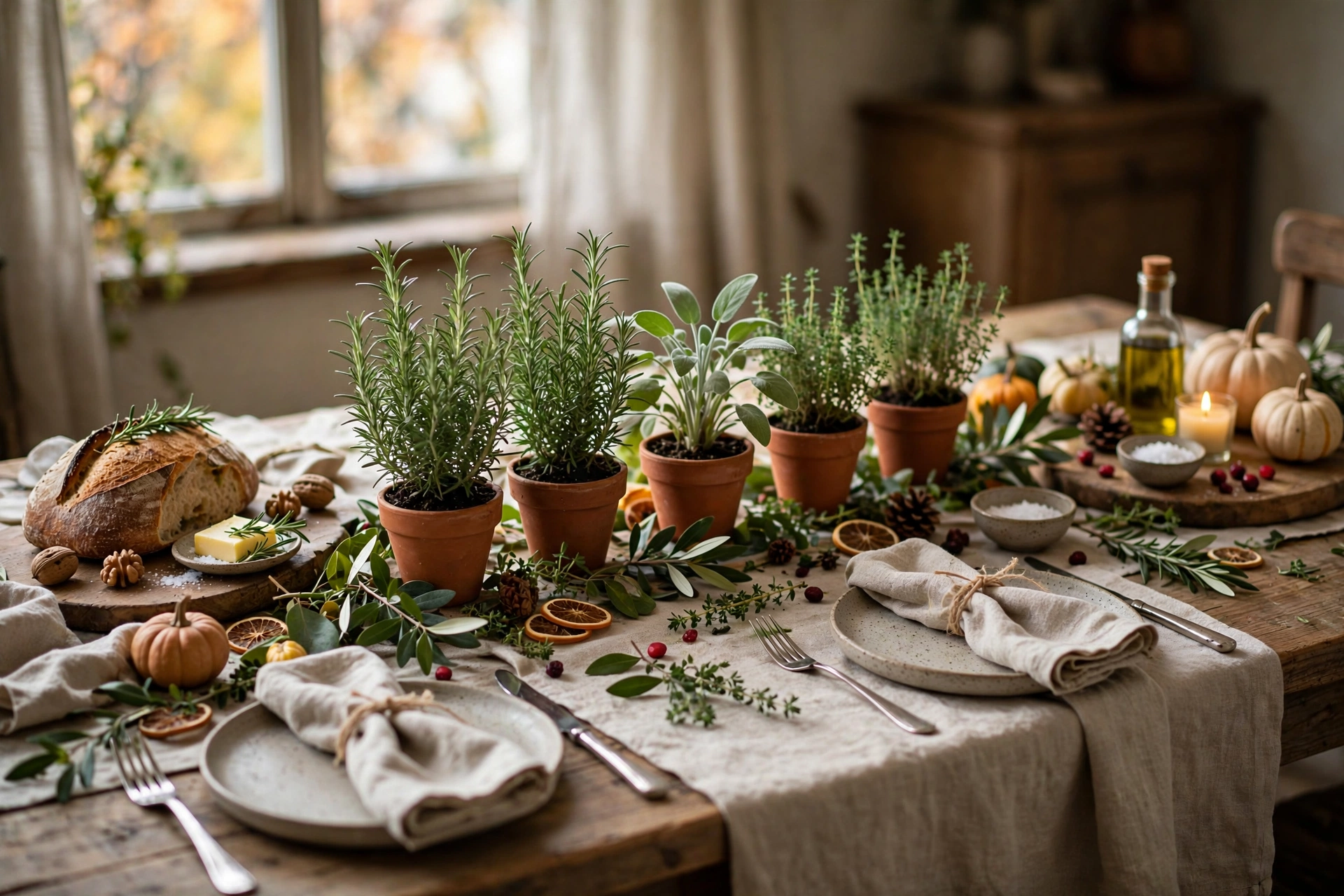 Thanksgiving table with potted herb centerpiece in terracotta pots