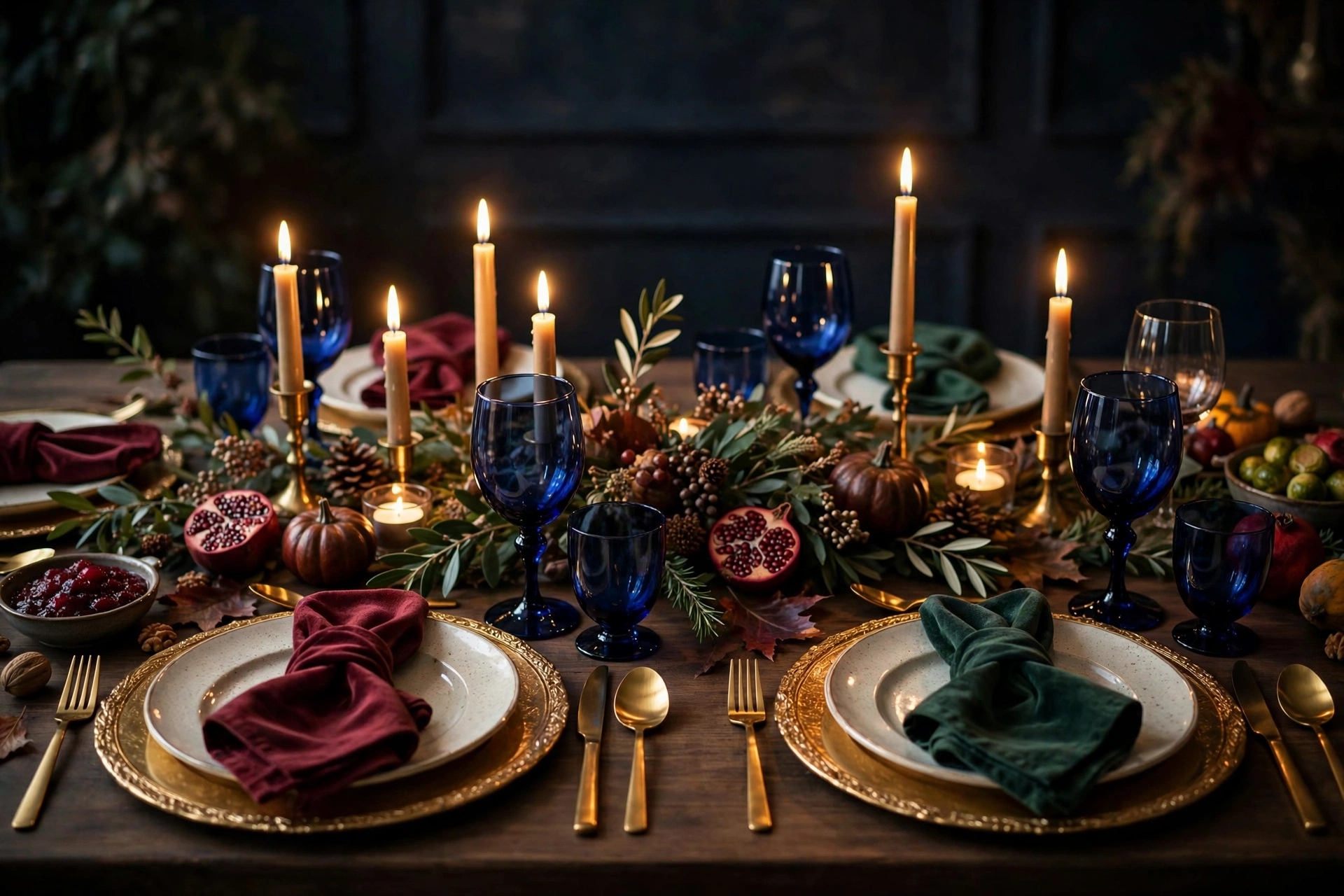 Jewel-tone Thanksgiving table with burgundy, emerald, and gold