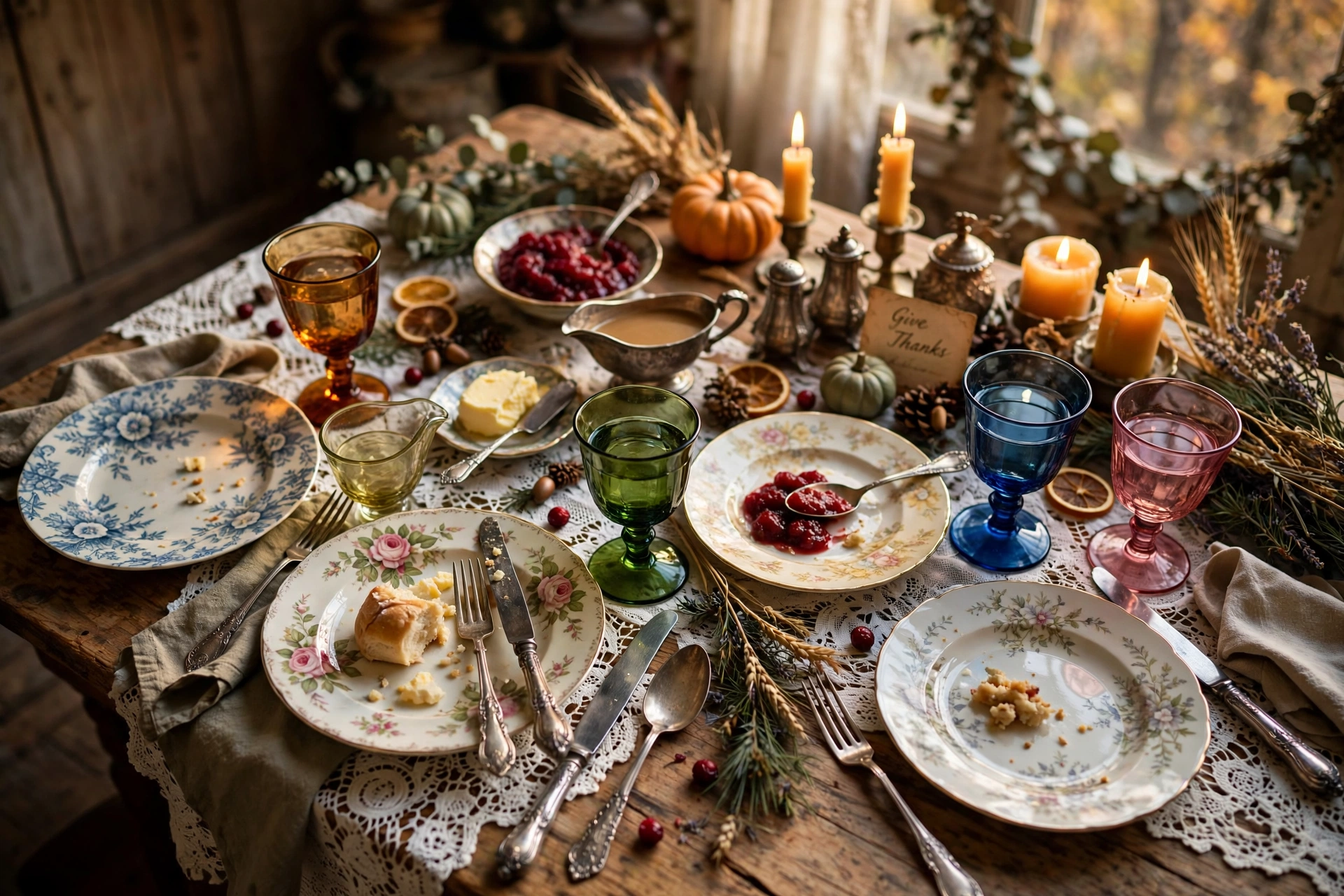 Mix-and-match vintage Thanksgiving table with assorted china and goblets