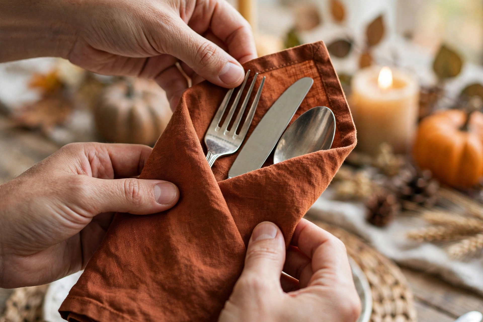 Pocket-folded linen napkin with flatware for Thanksgiving place setting