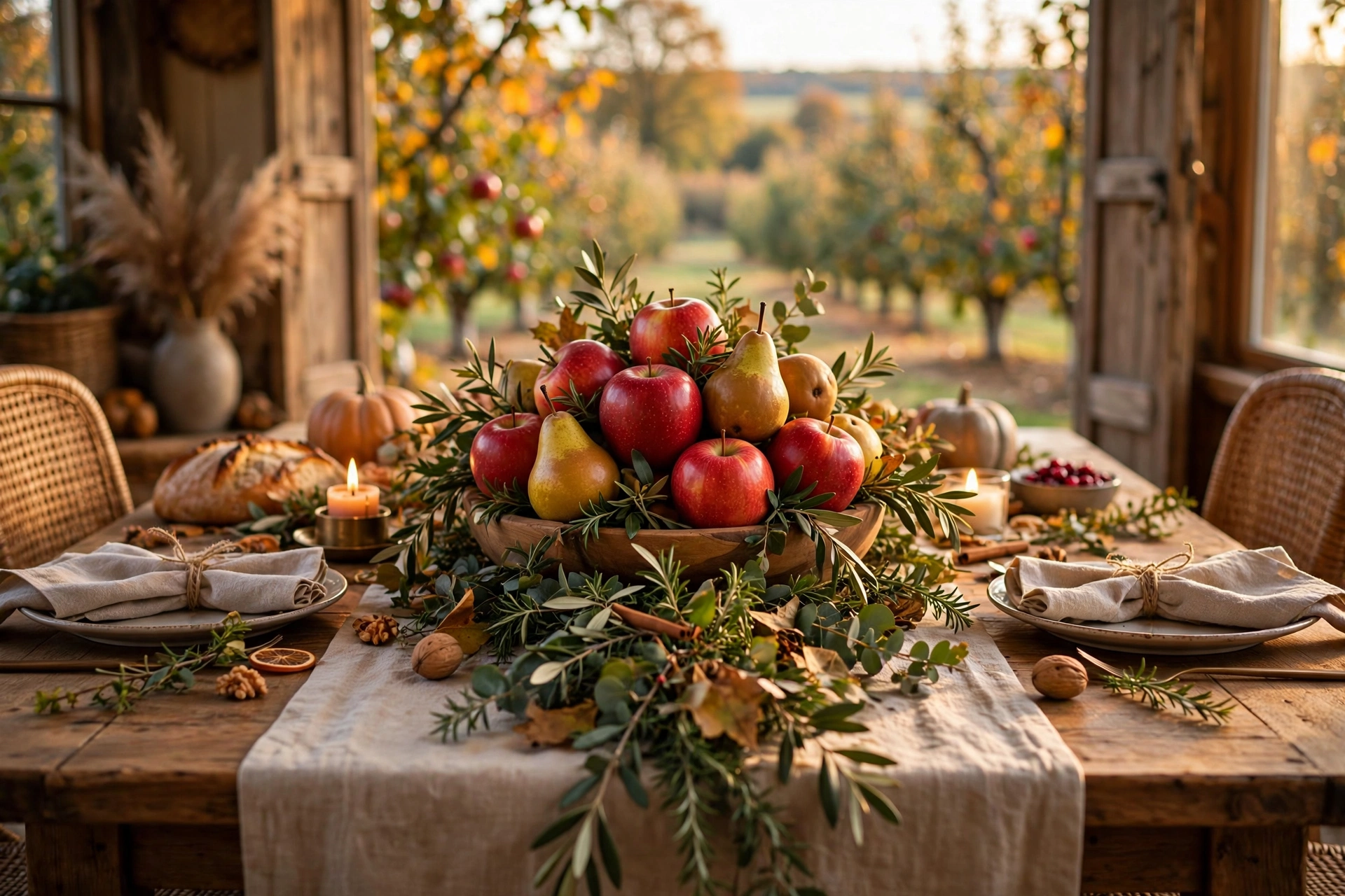 Thanksgiving orchard centerpiece with apples and pears in a wooden bowl