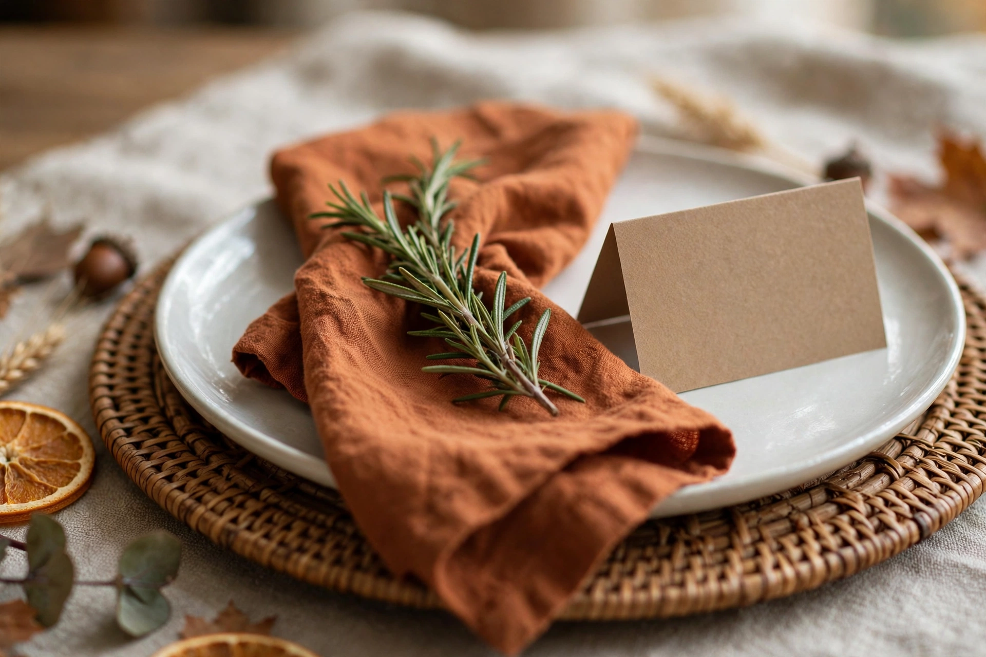 Styled Thanksgiving place setting with rust napkin and rosemary sprig
