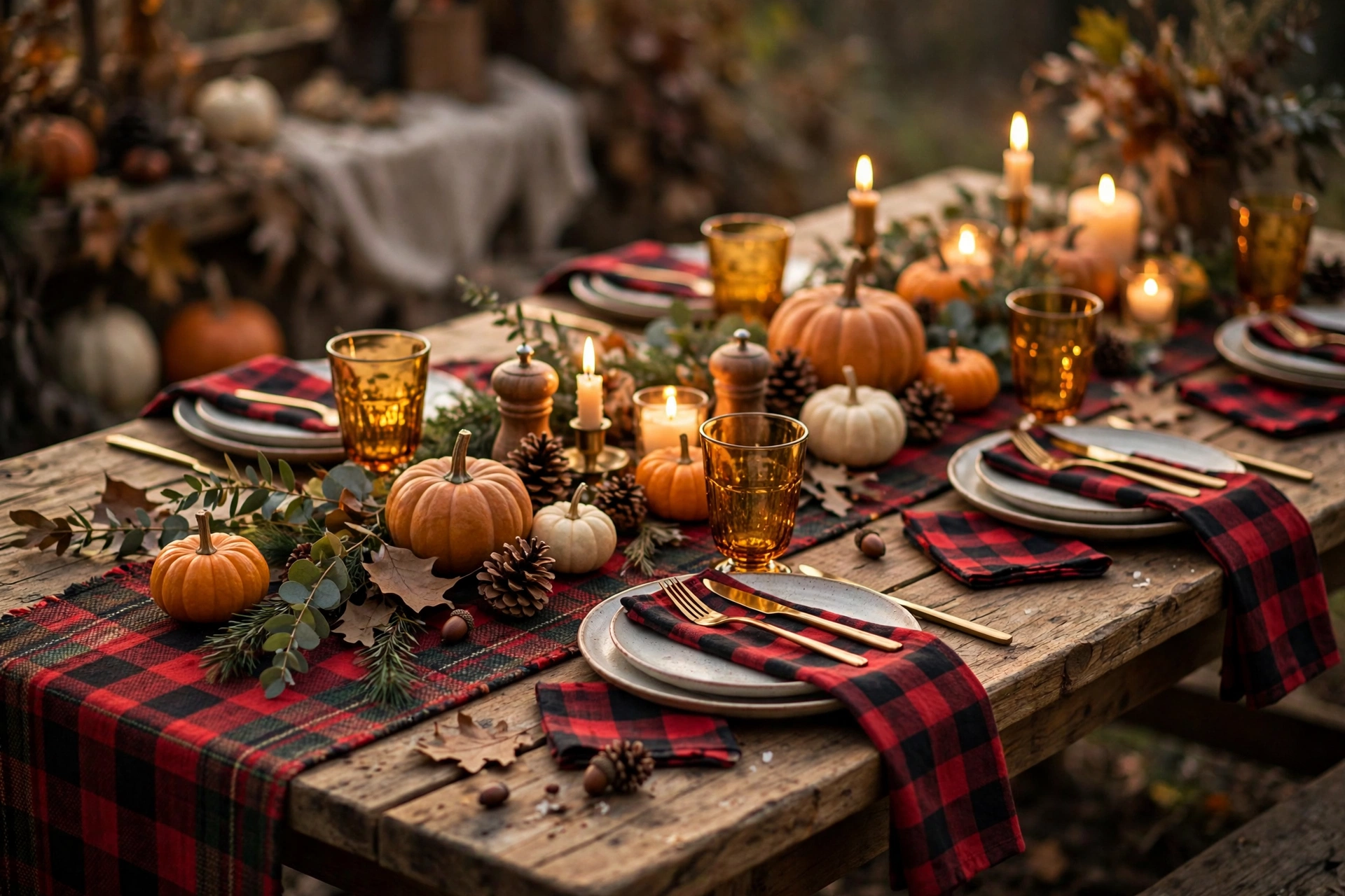 Thanksgiving table with plaid runner and pinecone accents
