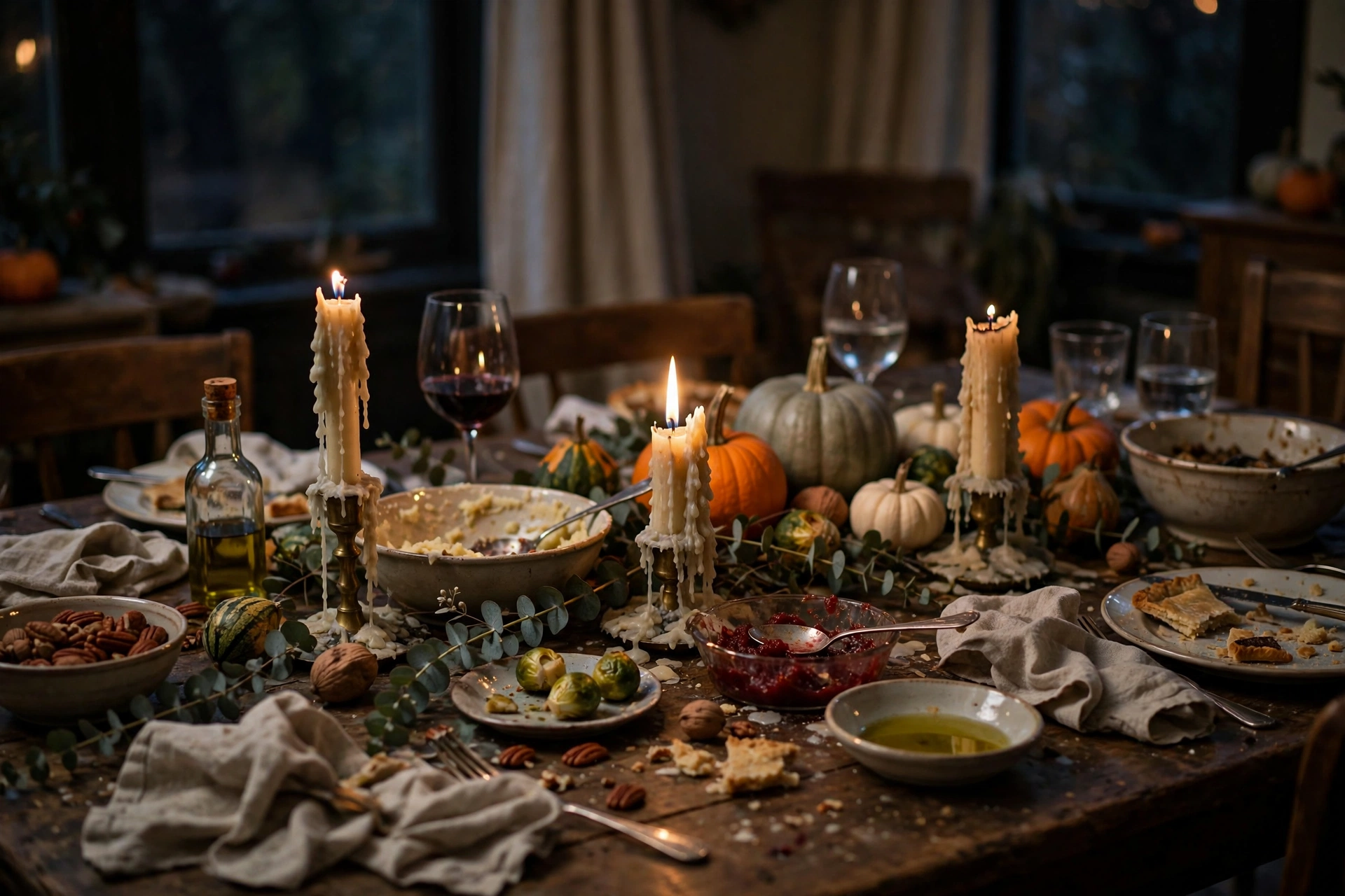 Thanksgiving table after dinner with glowing candles and leftover decor
