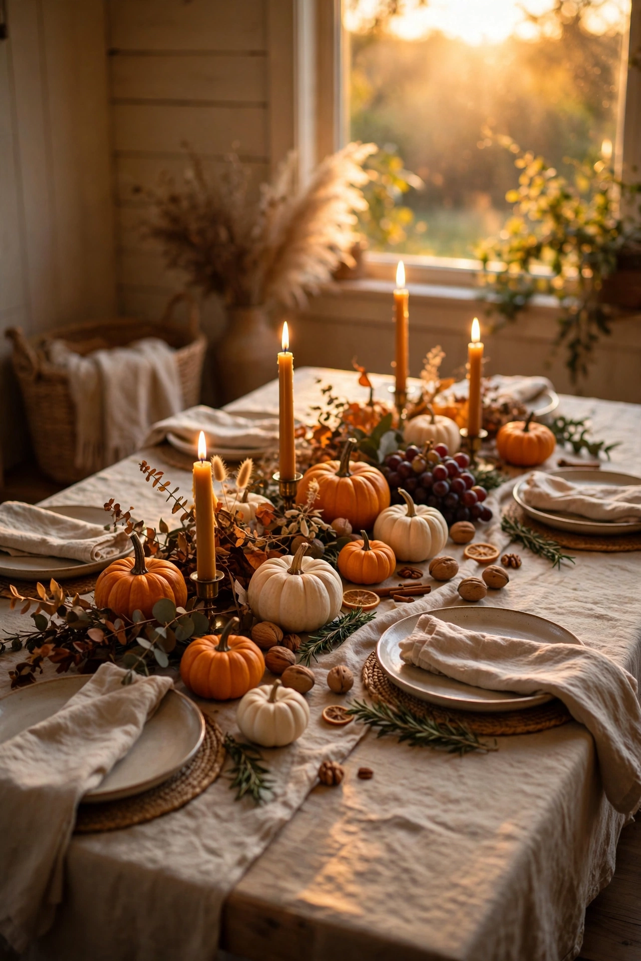 Warm Thanksgiving table decor with candles, pumpkins, and eucalyptus garland on a set dinner table