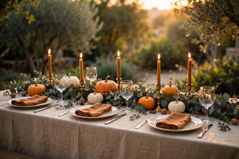 Warm Thanksgiving table decor with candles, pumpkins, and eucalyptus garland