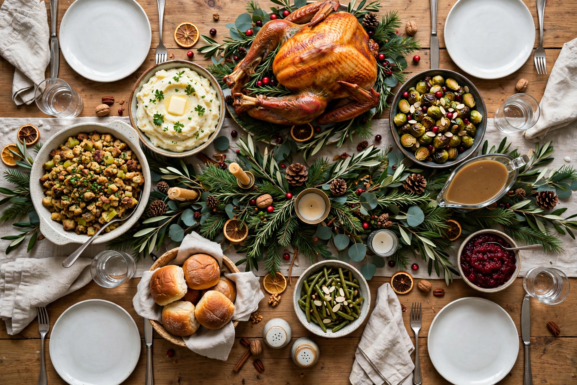 Overhead Thanksgiving table layout with centerpiece and serving dishes