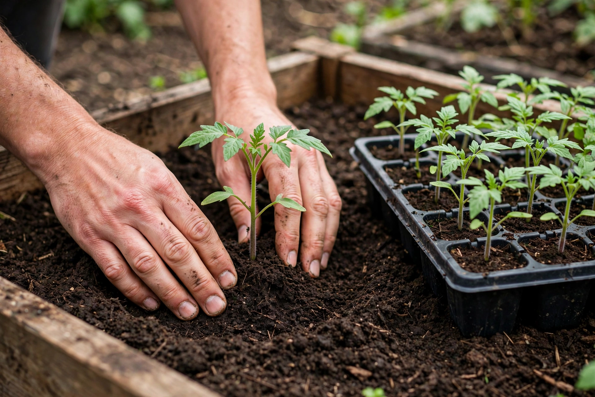Hands transplanting a tomato seedling into a raised bed