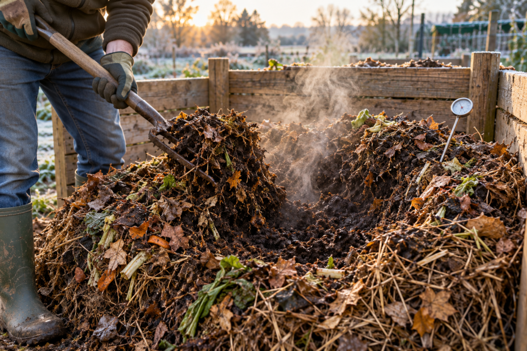 Turning a steaming hot compost pile with a garden fork beside a compost thermometer