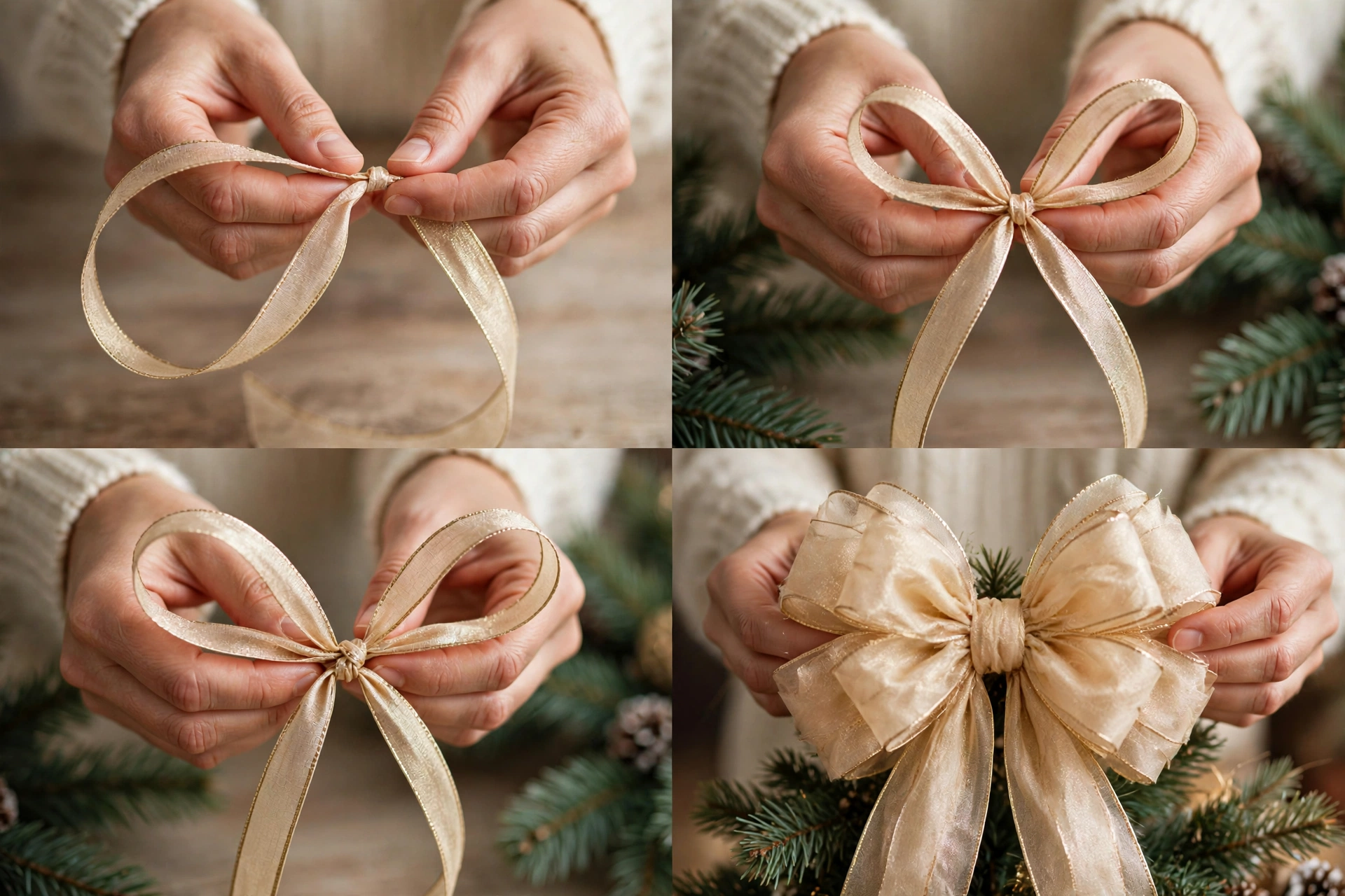 Tying a fluffy velvet Christmas tree topper bow step by step