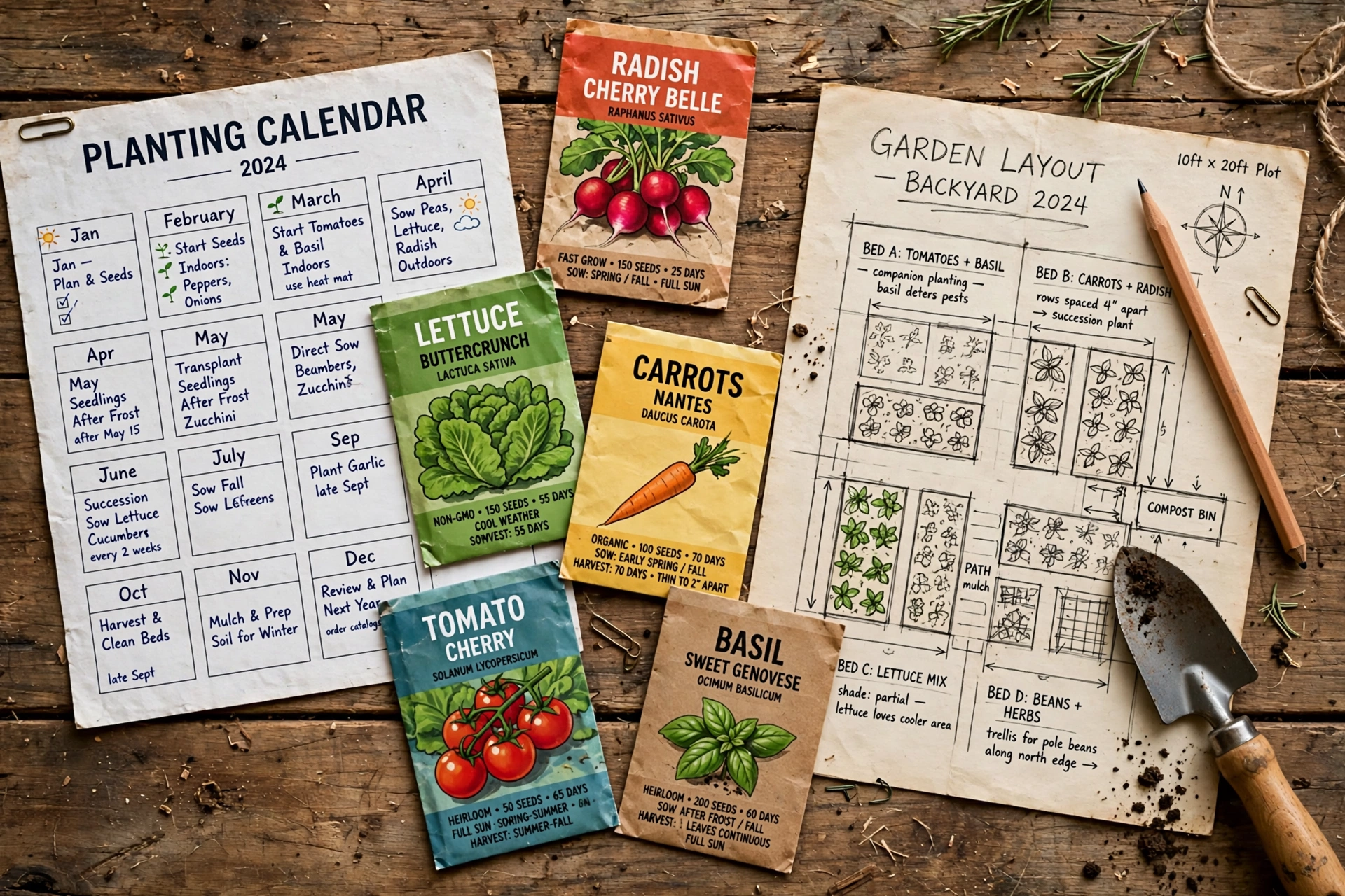 Vegetable seed packets with a planting calendar and garden layout plan