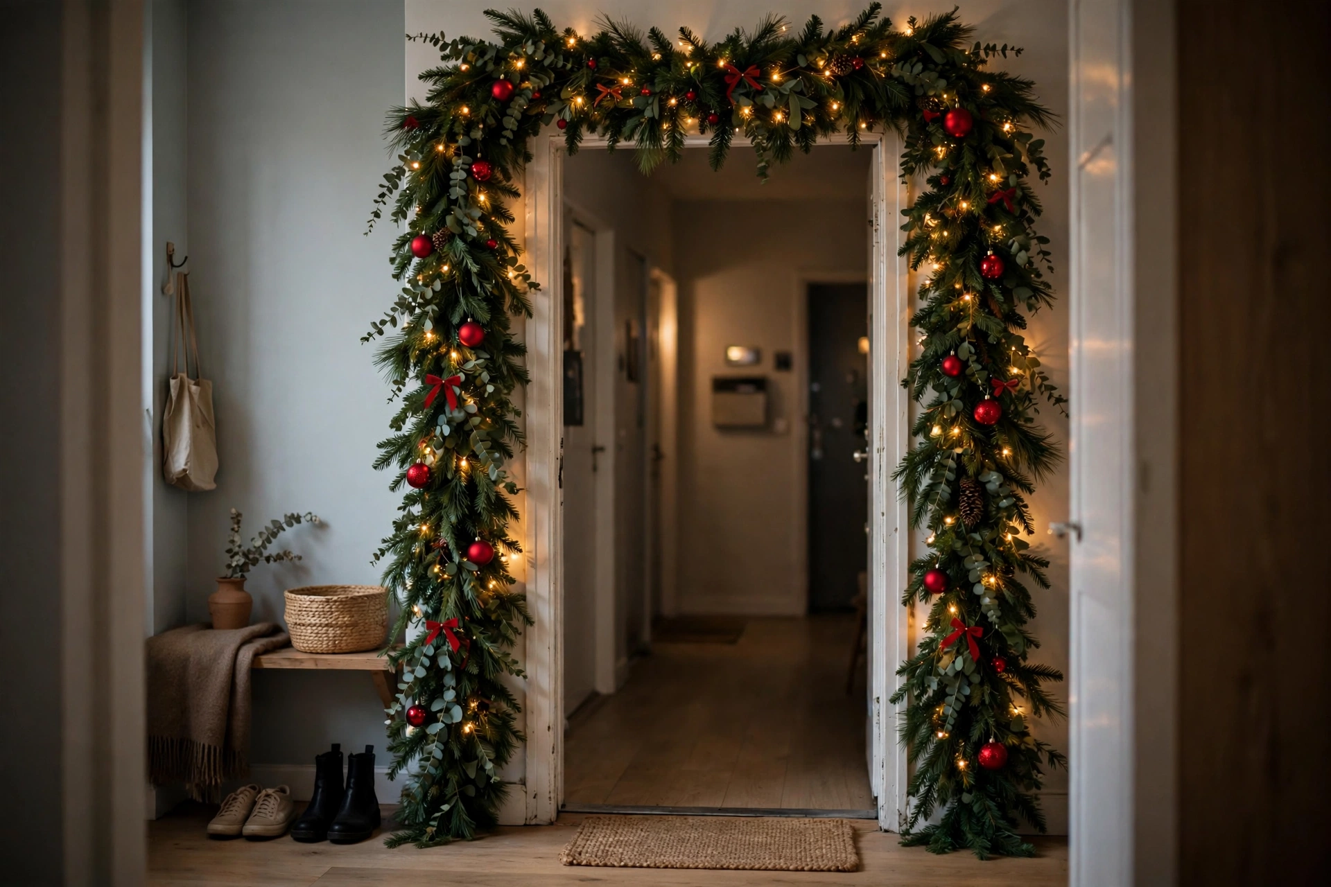 Vertical Christmas garland framing an apartment doorway with fairy lights