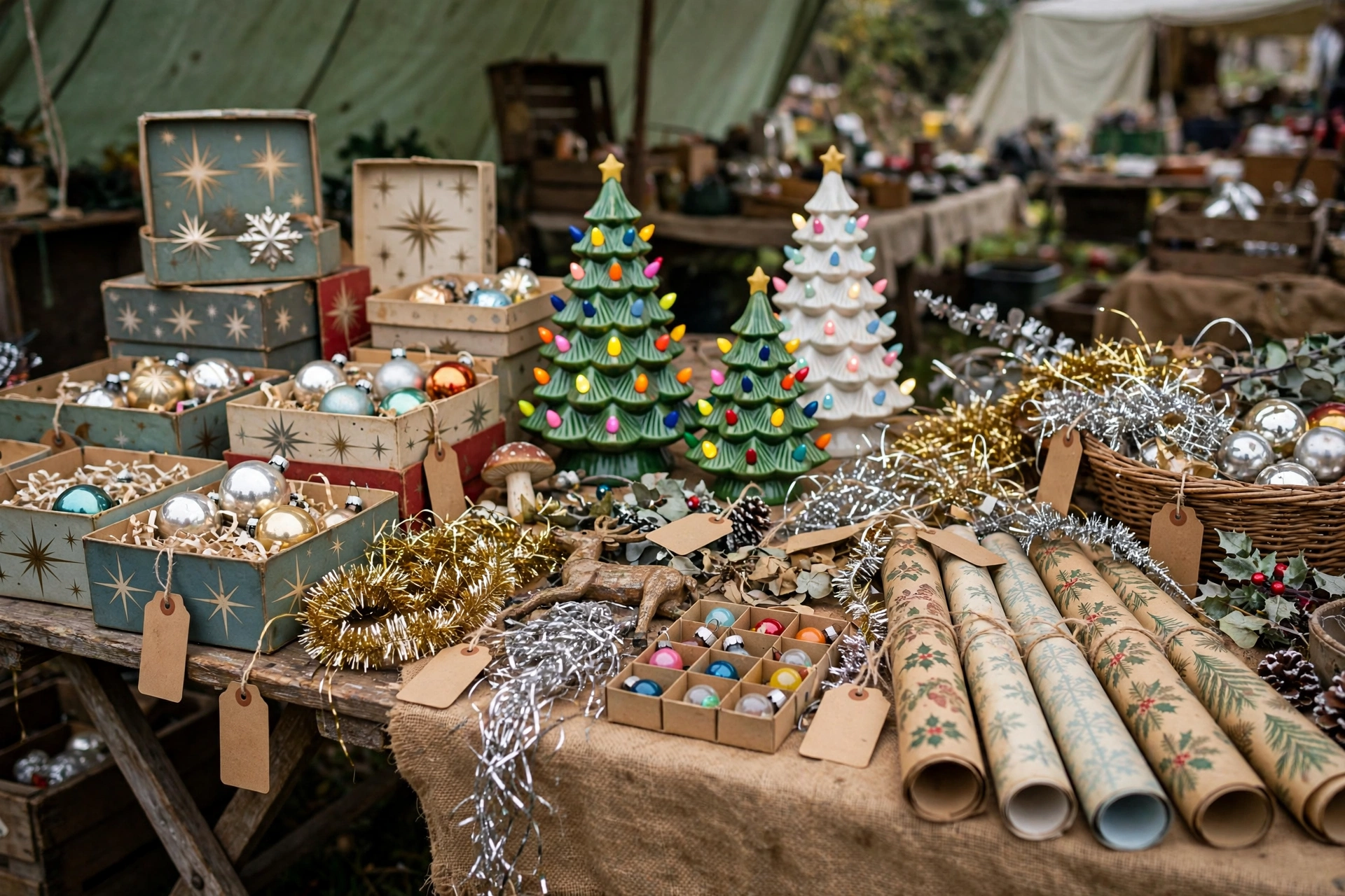 Flea market table with vintage 90s Christmas decorations for sale