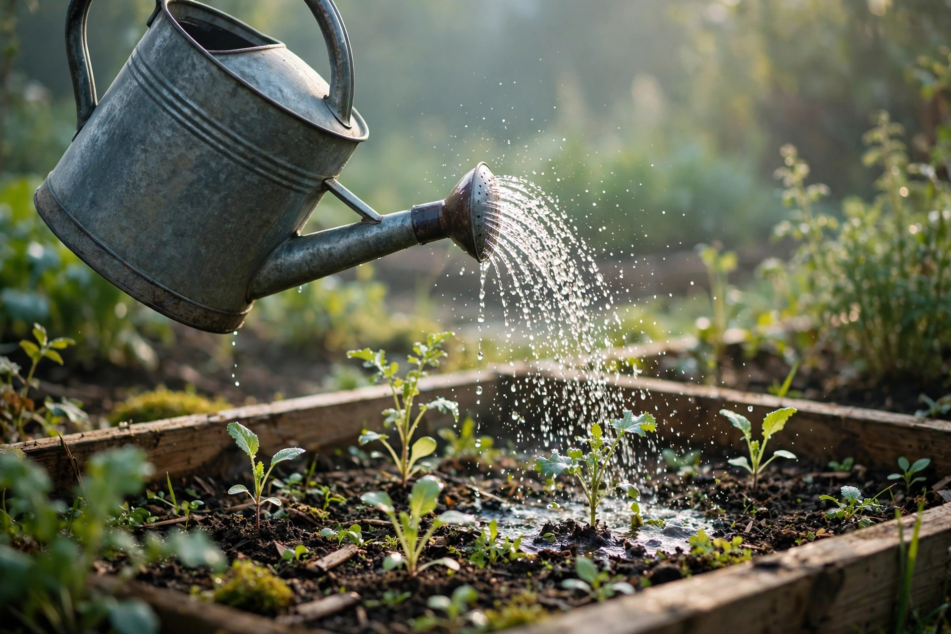Watering young plants in a raised bed with a watering can