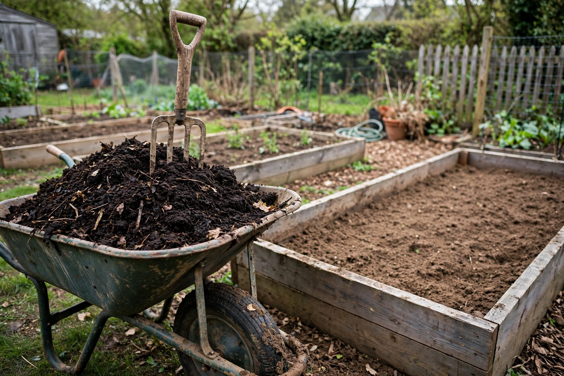 Wheelbarrow of compost beside a raised bed being prepared