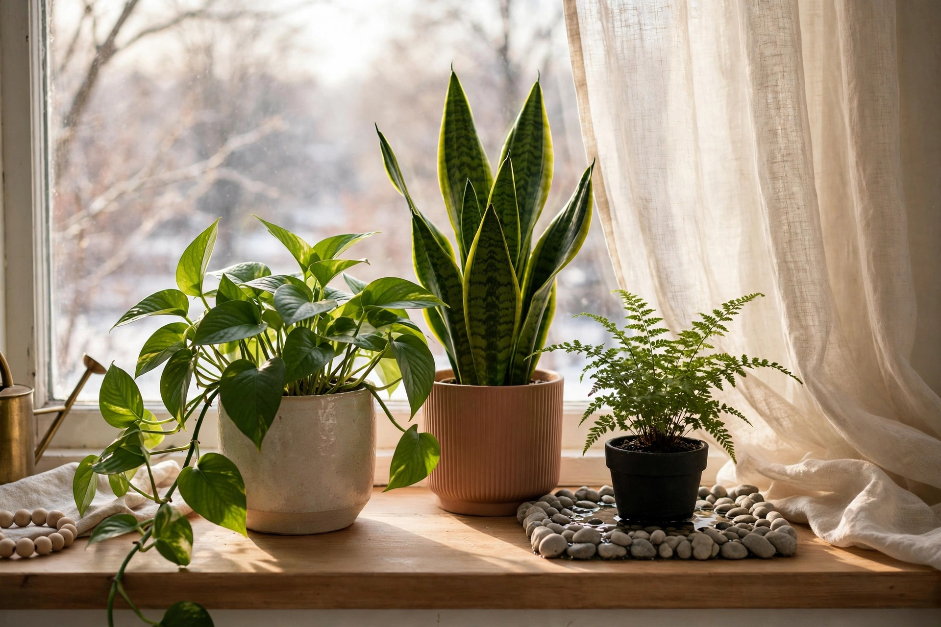 Grouped houseplants on winter windowsill with pebble tray
