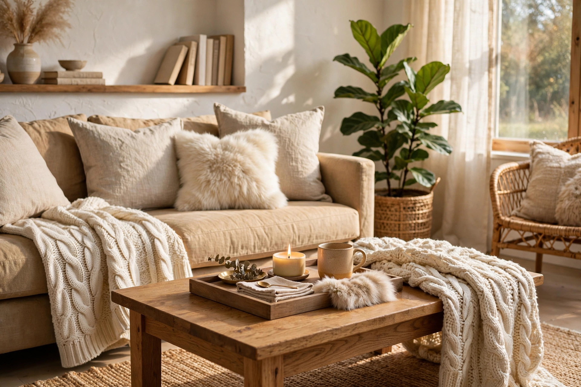 Winter living room with layered textures, knit throw and linen pillows